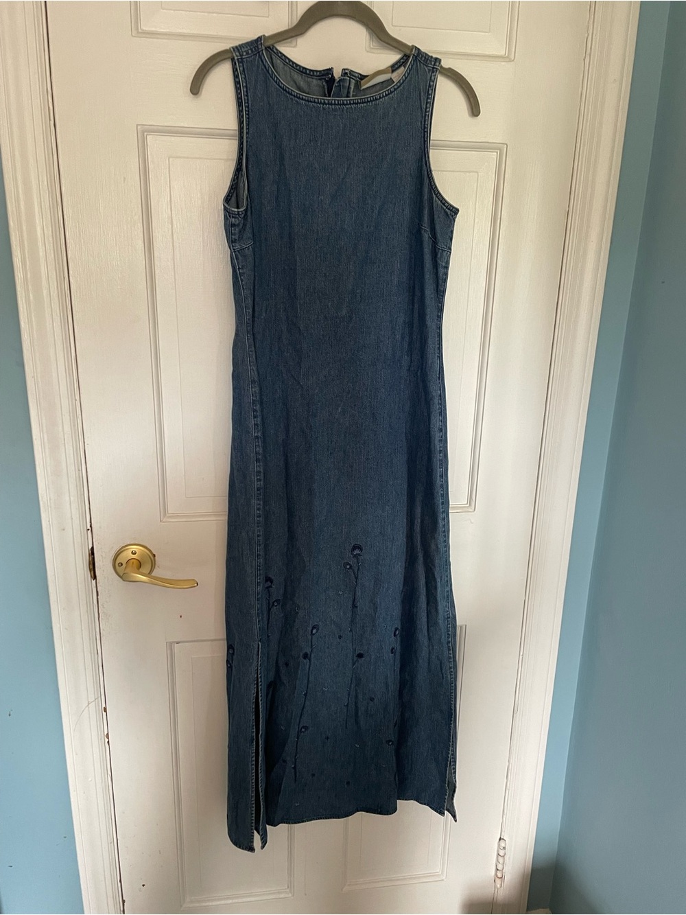 Vintage 90s Liz Claiborne Blue Denim Maxi Dress with Subtle Embroidery